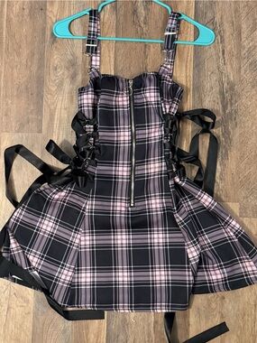 Pink & Black Plaid Gothic Punk Mini Dress with Side Lace-Up